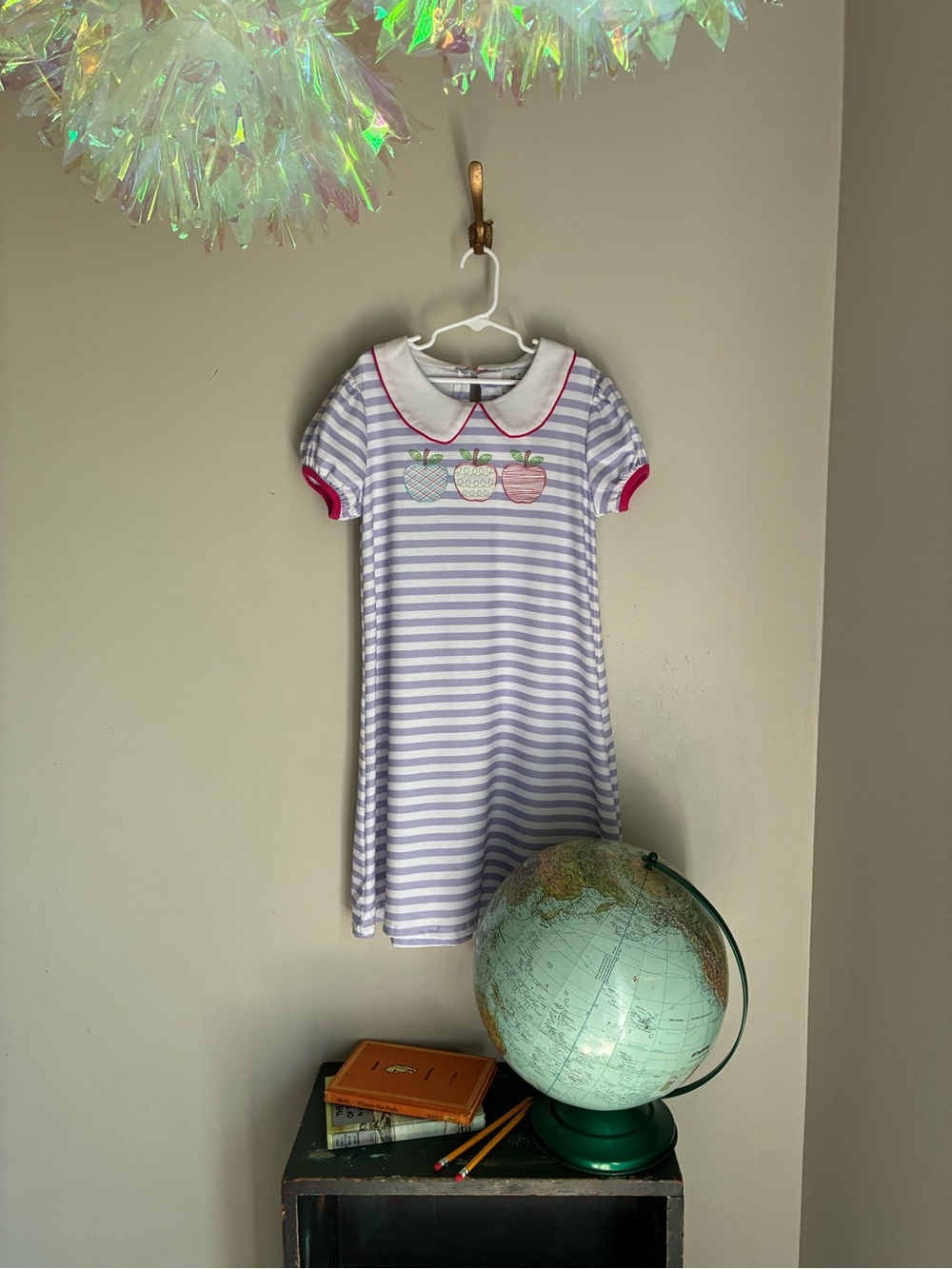 NEW Addie Lou Blue Back to School Apple Pink Purple Striped Dress Size 8/9